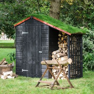 garden shed with wooden blocks storage