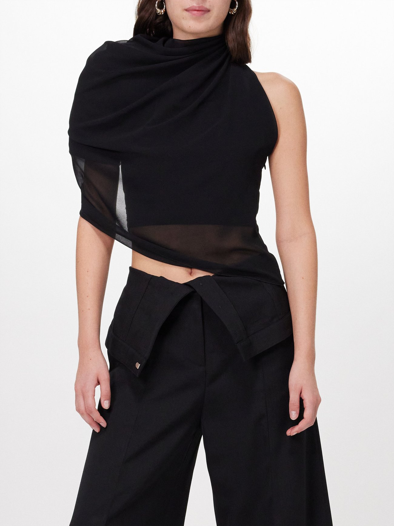 Pablo Asymmetric Tulle-Overlay Cropped Top