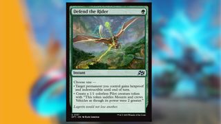 Defend the Rider card with artwork depicting a bolt of green shooting up from a forest to strike a dinosaur-like flying creature being ridden by a racer