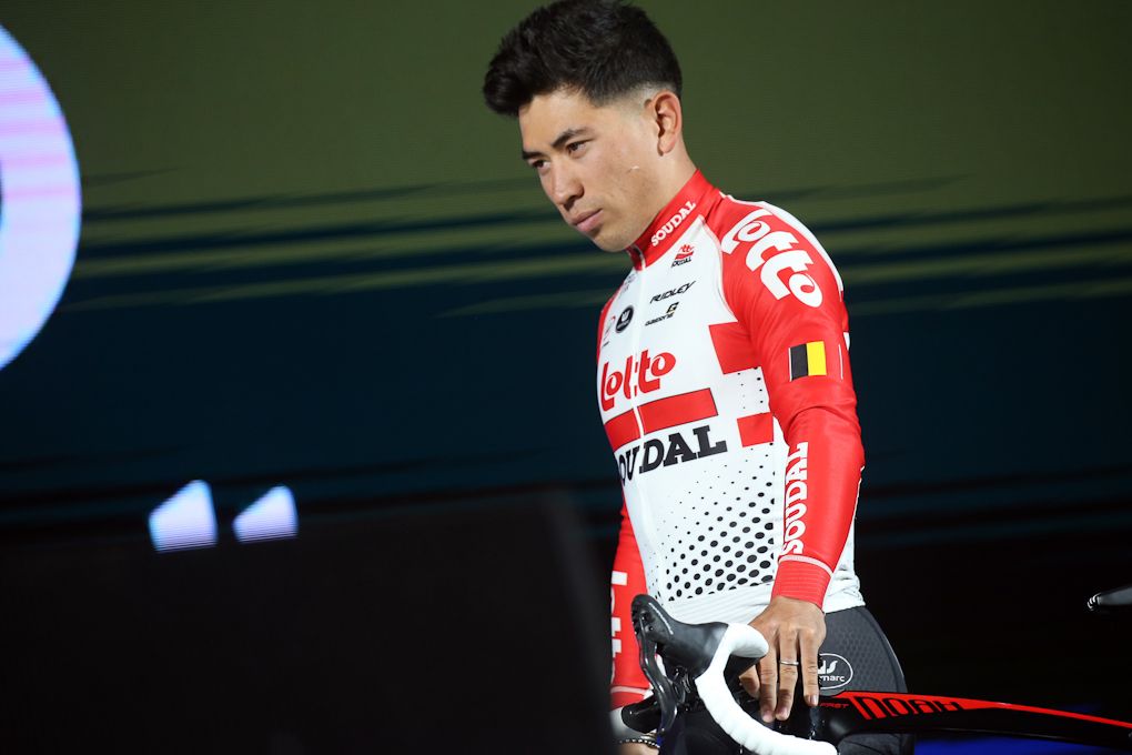 Caleb Ewan on stage with his bike at the Giro presentation