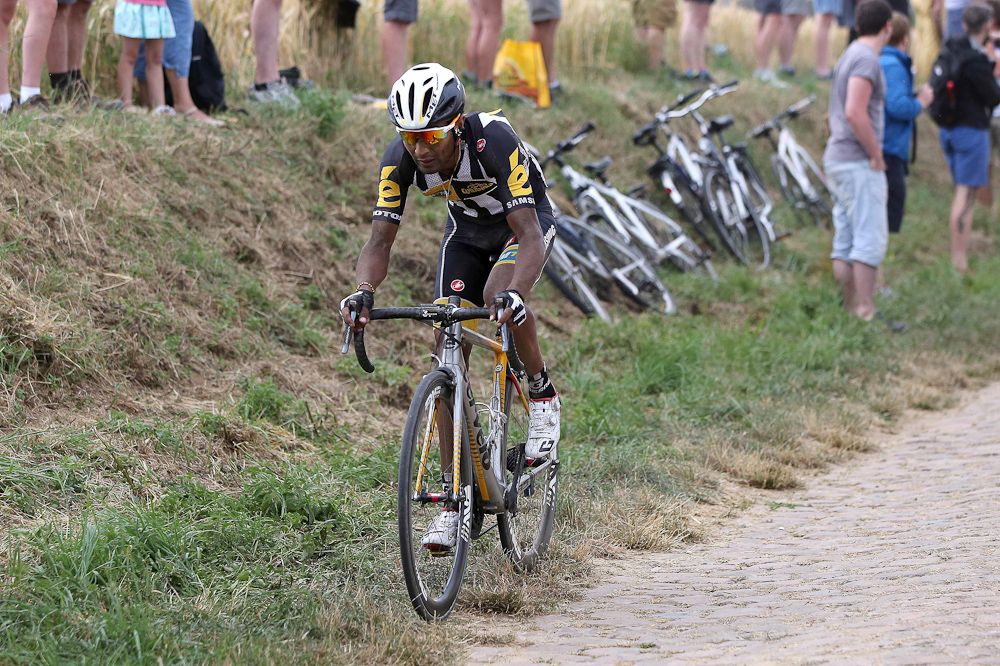 An MTN-Qhubeka rider struggles with the cobbles during stage 4.