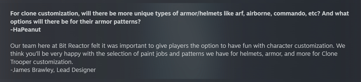 A screenshot from the Star Wars Zero Company Q&amp;amp;A on Steam, specifically a question about Clone armour customisation options.