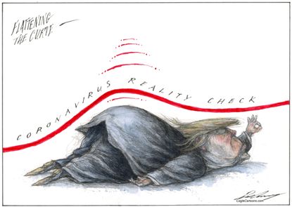 Political Cartoon U.S. Trump Coronavirus White House press briefings reality check flattening the curve
