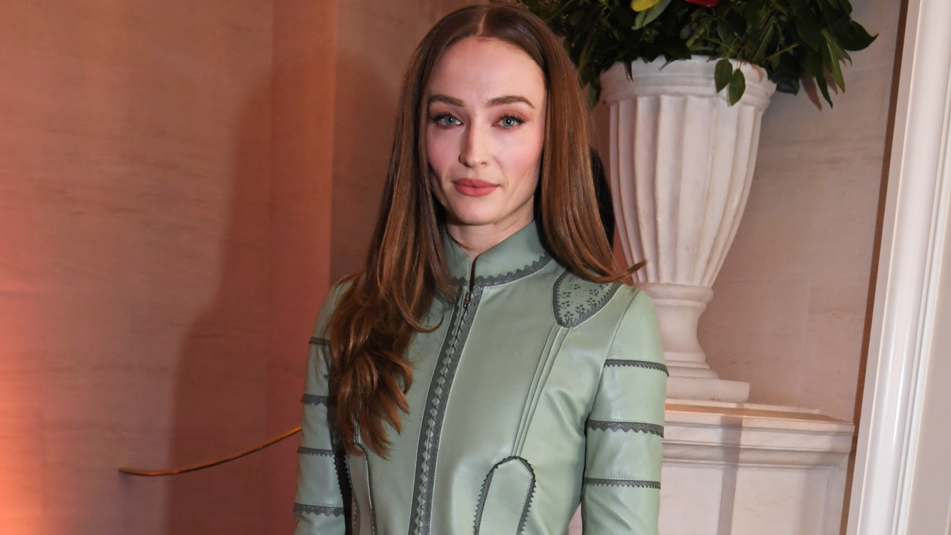 Sophie Turner attended the Newport Beach Festival Honors in a custom leather skirt set from Louis Vuitton