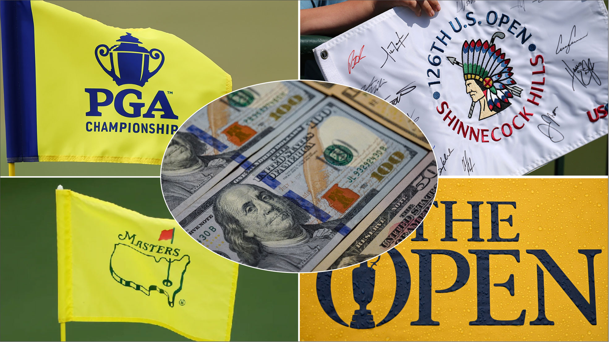 flags of all four Major Championships and an inset of a pile of 100 dollar notes asking the question of which Major is the most profitable