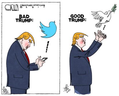 Political cartoon U.S. Trump abroad Middle East peace Twitter