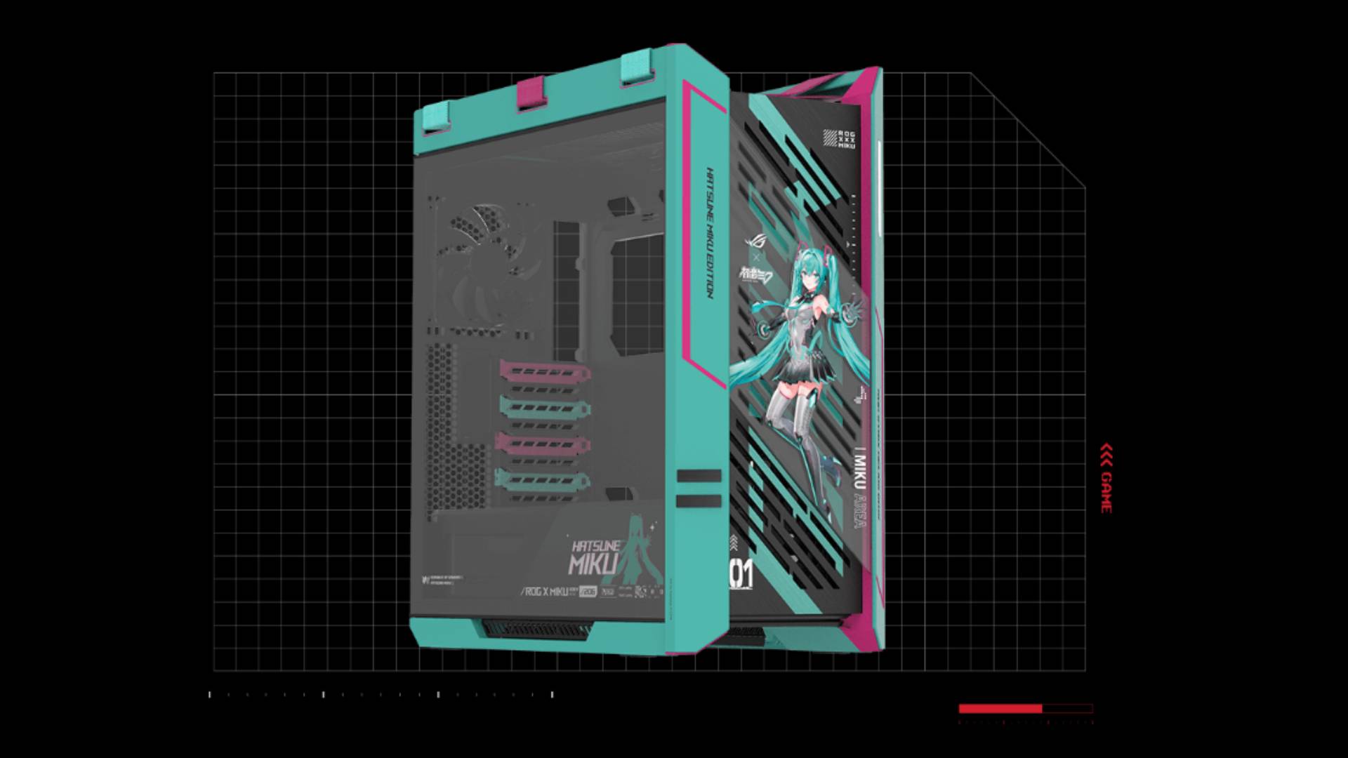 Official promo image of the ROG Strix Helios II Hatsune Miku Edition PC case by Asus ROG, with a black background.