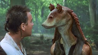 Obi Wan Kenobi meeting Jar Jar Binks for the first time, along with the viewers, in Star Wars: Episode 1 - The Phantom Menace.