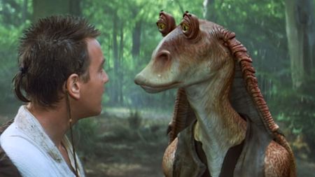Obi Wan Kenobi meeting Jar Jar Binks for the first time, along with the viewers, in Star Wars: Episode 1 - The Phantom Menace.