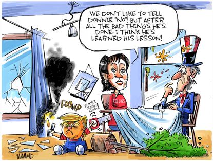 Political Cartoon U.S. Trump Susan Collins Uncle Sam acquittal impeachment trial bad behavior