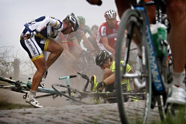 Stijn Devolder and Filippo Pozzato hit the deck at Paris-Roubaix