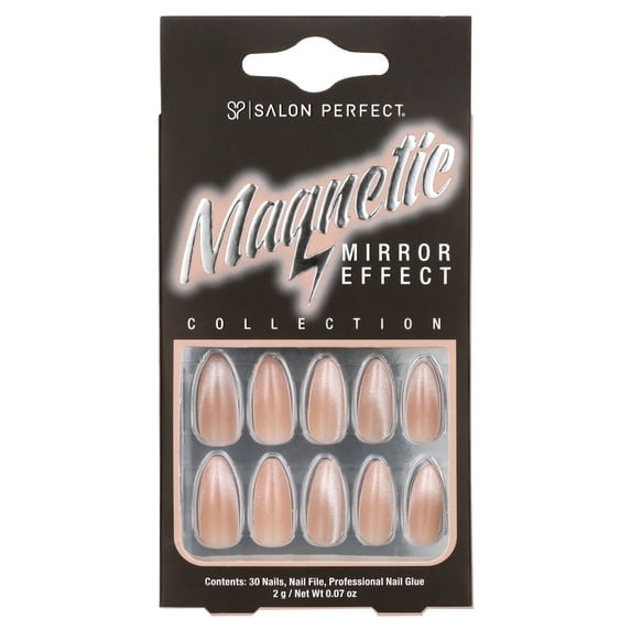 Salon Perfect, Salon Perfect Artificial Fake Press-Ons, 121 Magnetic Silver, Medium Almond, File and Glue Included, 30 Nails