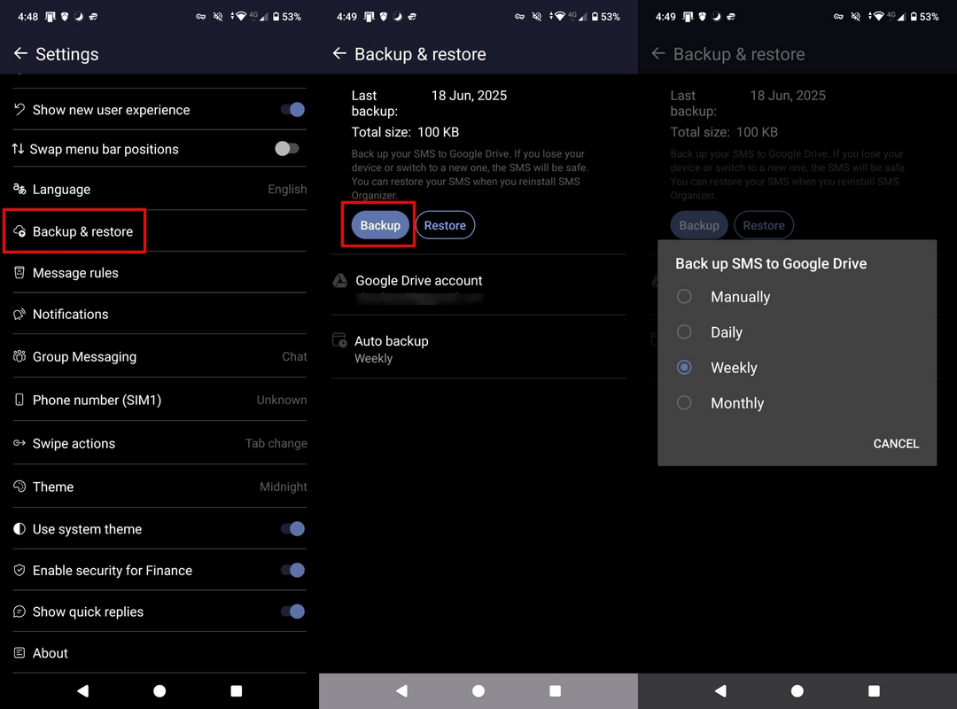 backup and restore options to back up text messages on SMS Organizer