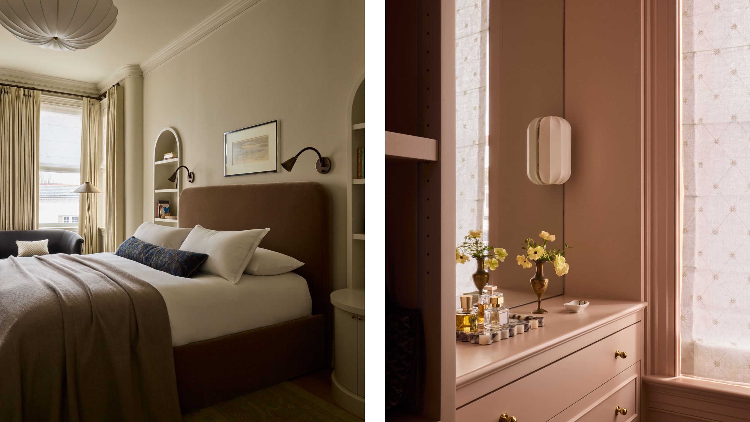 two side by side images of a primary suite with a walm neutral main bedroom space with arched bedside alcoves and a soft pink dressing room beside it