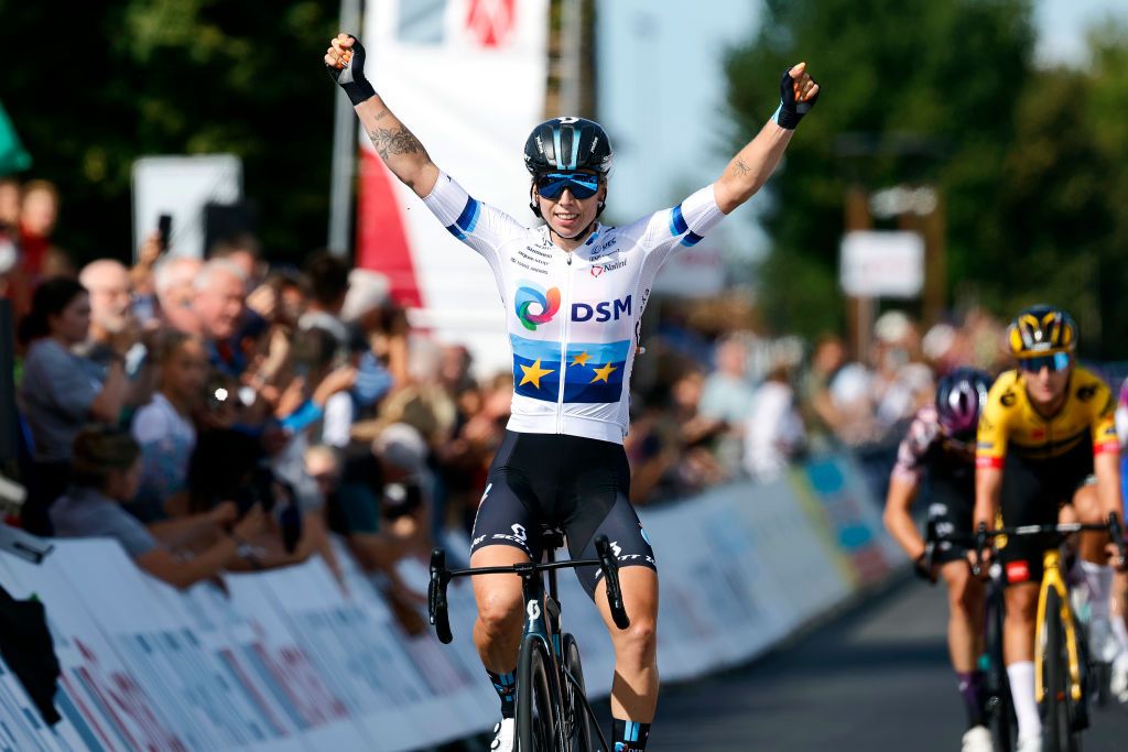 LELYSTAD NETHERLANDS AUGUST 30 Lorena Wiebes of Netherlands and Team DSM celebrates winning during the 25th Simac Ladies Tour 2022 Stage 1 a 1412km stage from Lelystad to Lelystad SLT2022 UCIWWT on August 30 2022 in Lelystad Netherlands Photo by Bas CzerwinskiGetty Images