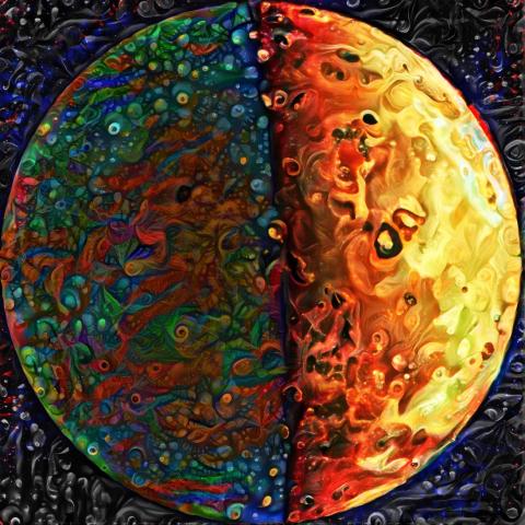 a colorful painting-like image of jupiter's volcanic moon io