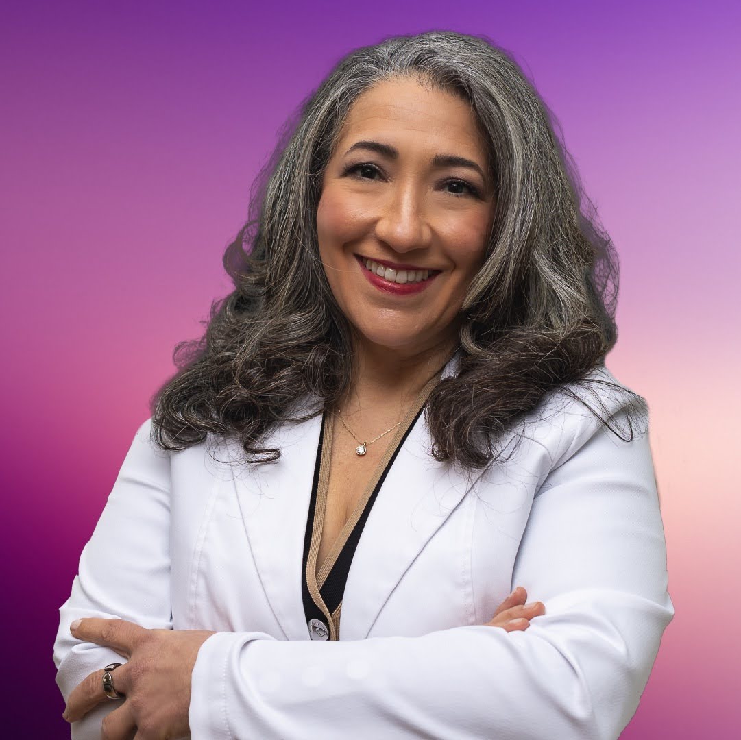 A headshot of Dr. Andrea Matsumura against a purple background