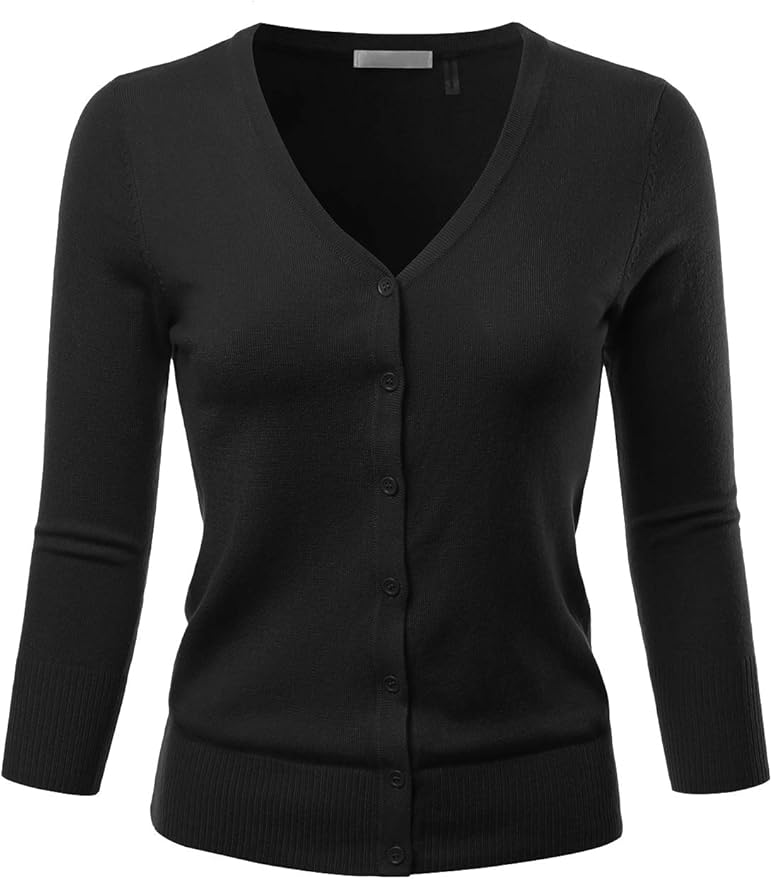 EIMIN, 3/4 Sleeve V-Neck Button Down Stretch Knit Cardigan Sweater