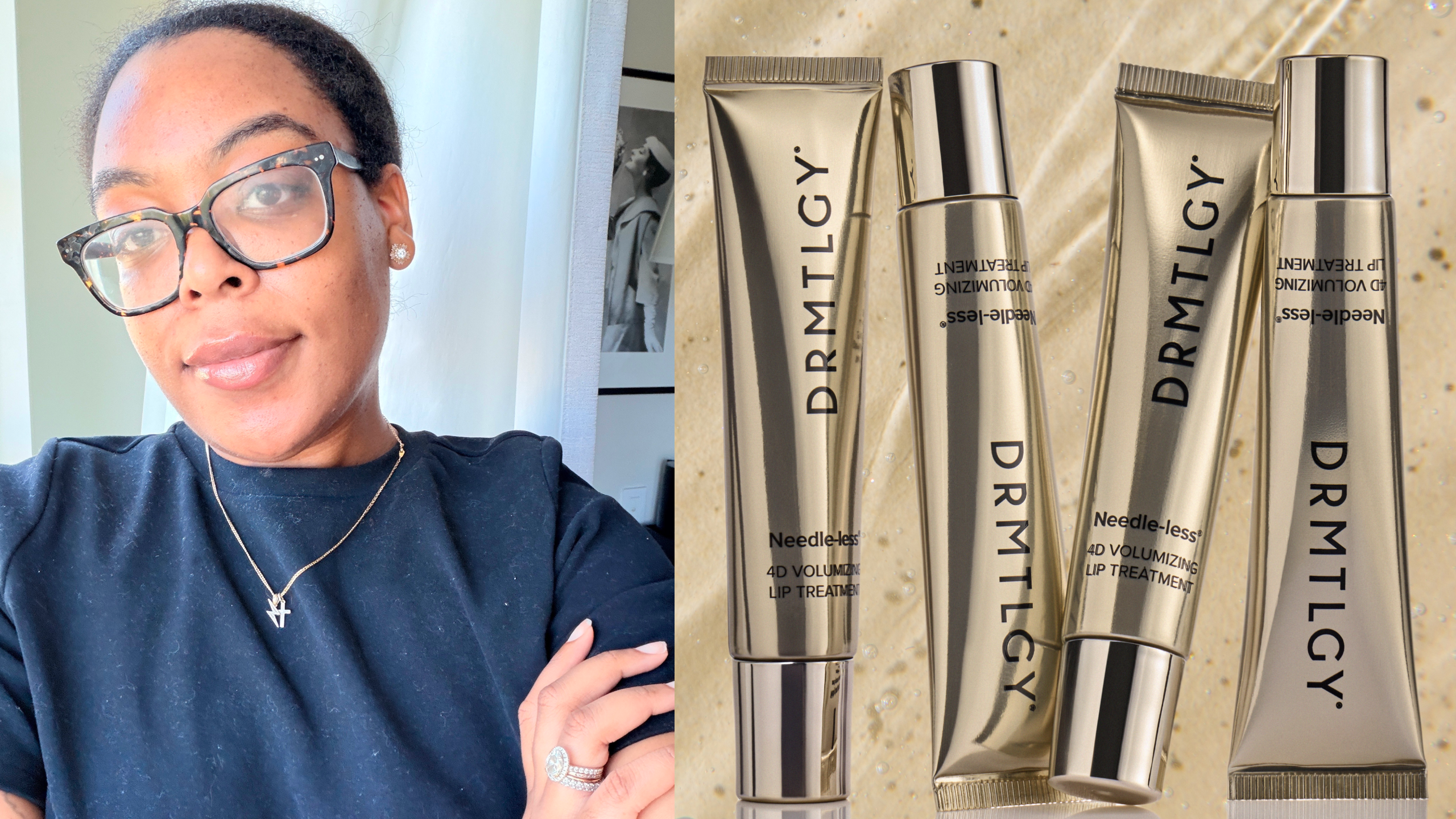 A woman wearing glasses with her hair pulled back, smiling at the camera. She is next to 4 tubes of lip balm. 