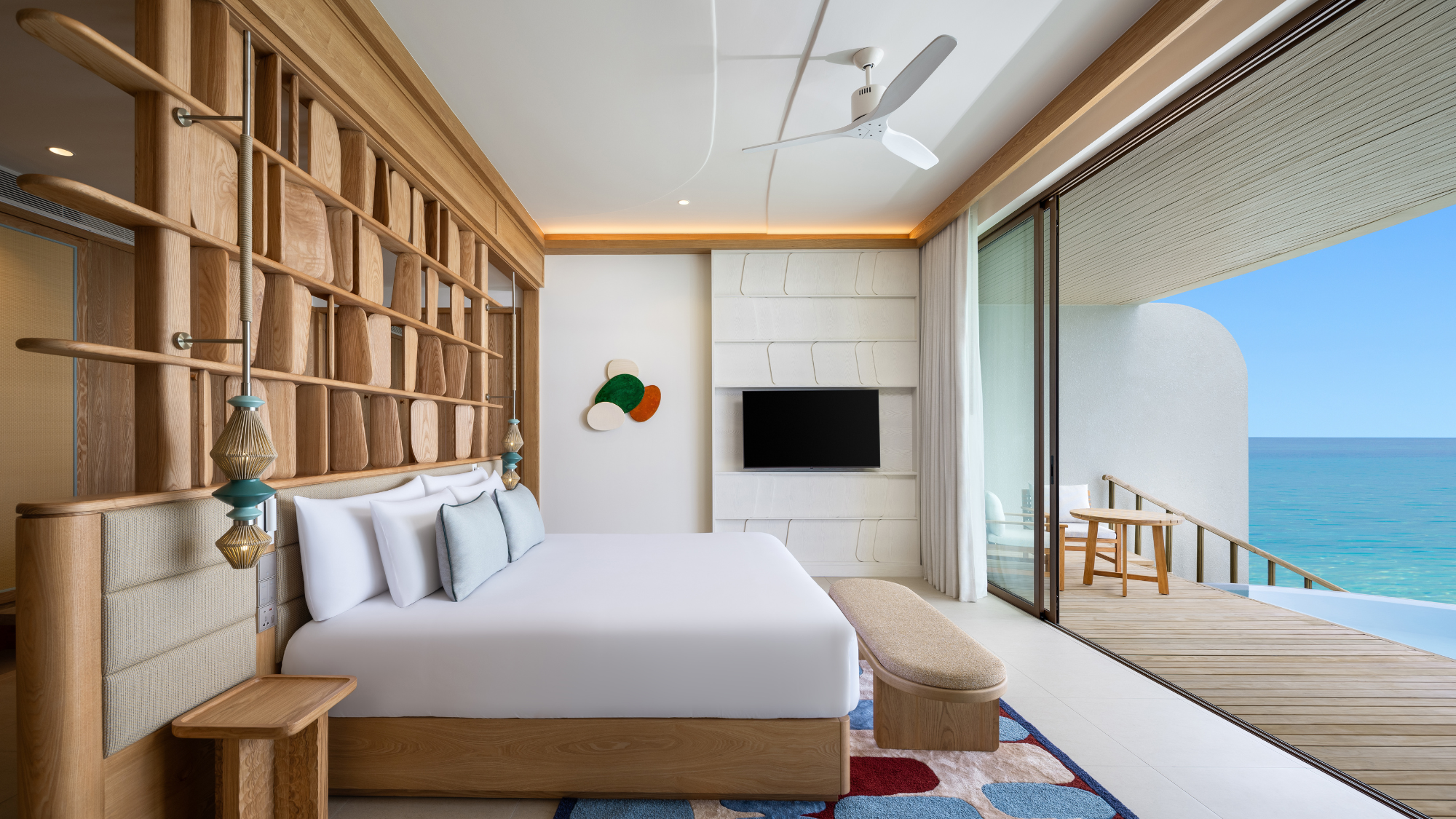 A side view of the interiors in an overwater villa