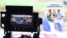Main image of a view through the screen of a TV camera pointing at the Golf Channel panel with an inset screenshot of LPGA Tour X post