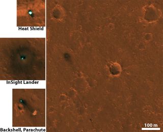 NASA's InSight lander and associated hardware, as seen by the HiRISE camera aboard NASA's Mars Reconnaissance Orbiter. In the large main photo, the lander is at left-center, the parachute and backshell at the bottom and the heat shield at upper right.