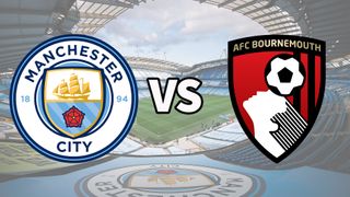 The Manchester City and AFC Bournemouth club badges on top of a photo of the Etihad Stadium in Manchester, England
