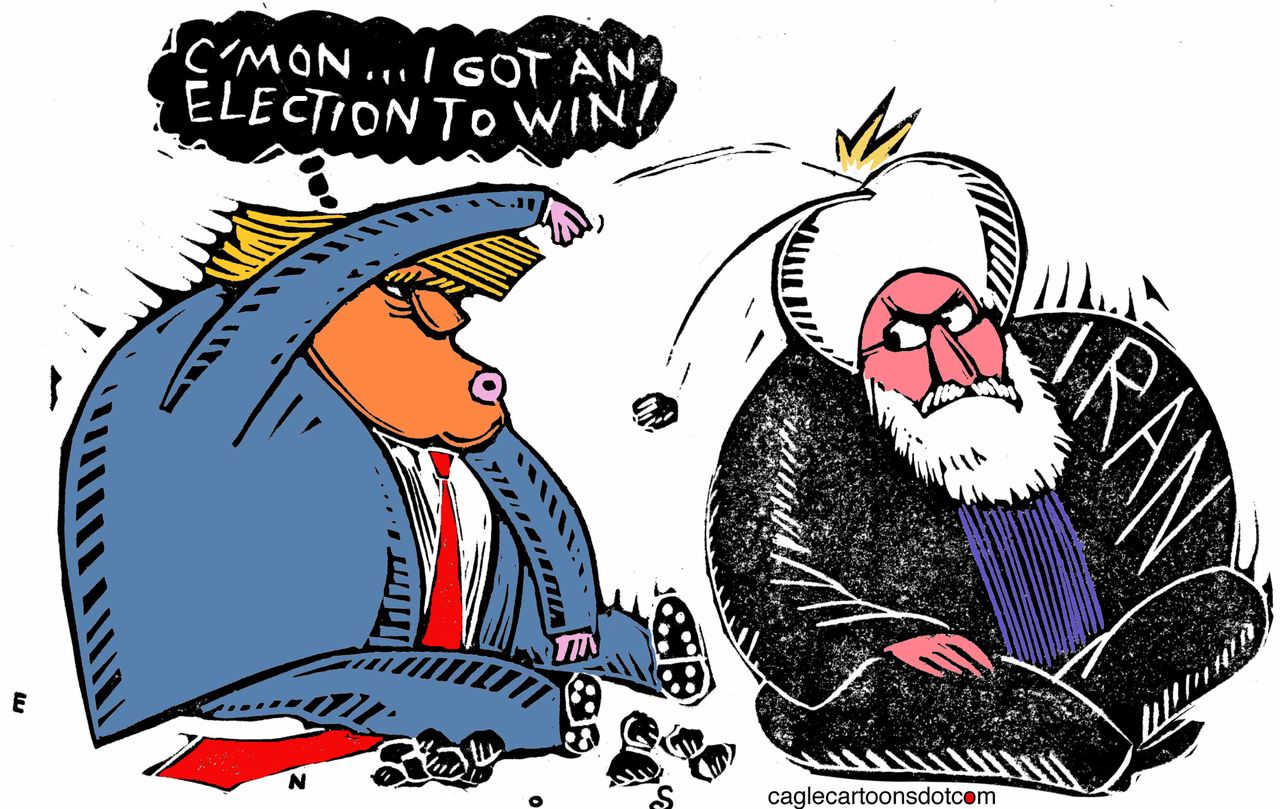 Political Cartoon U.S. Trump Throwing Rocks Iran 2020 Election