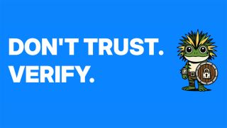 White "DON'T TRUST. VERIFY" text on blue background with reptilian graphic holding a privacy shield 