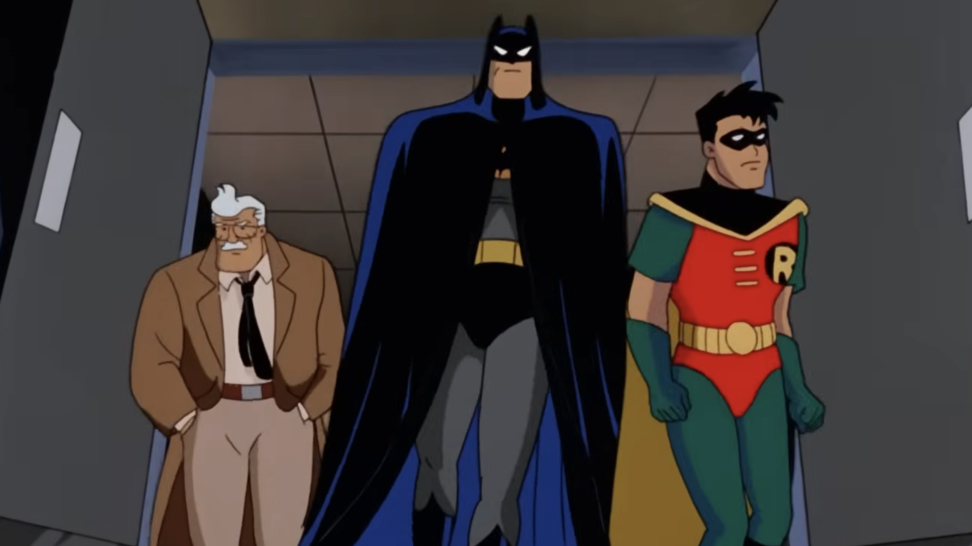 Commissioner Gordon, Batman and Robin walk in Batman: The Animated Series.