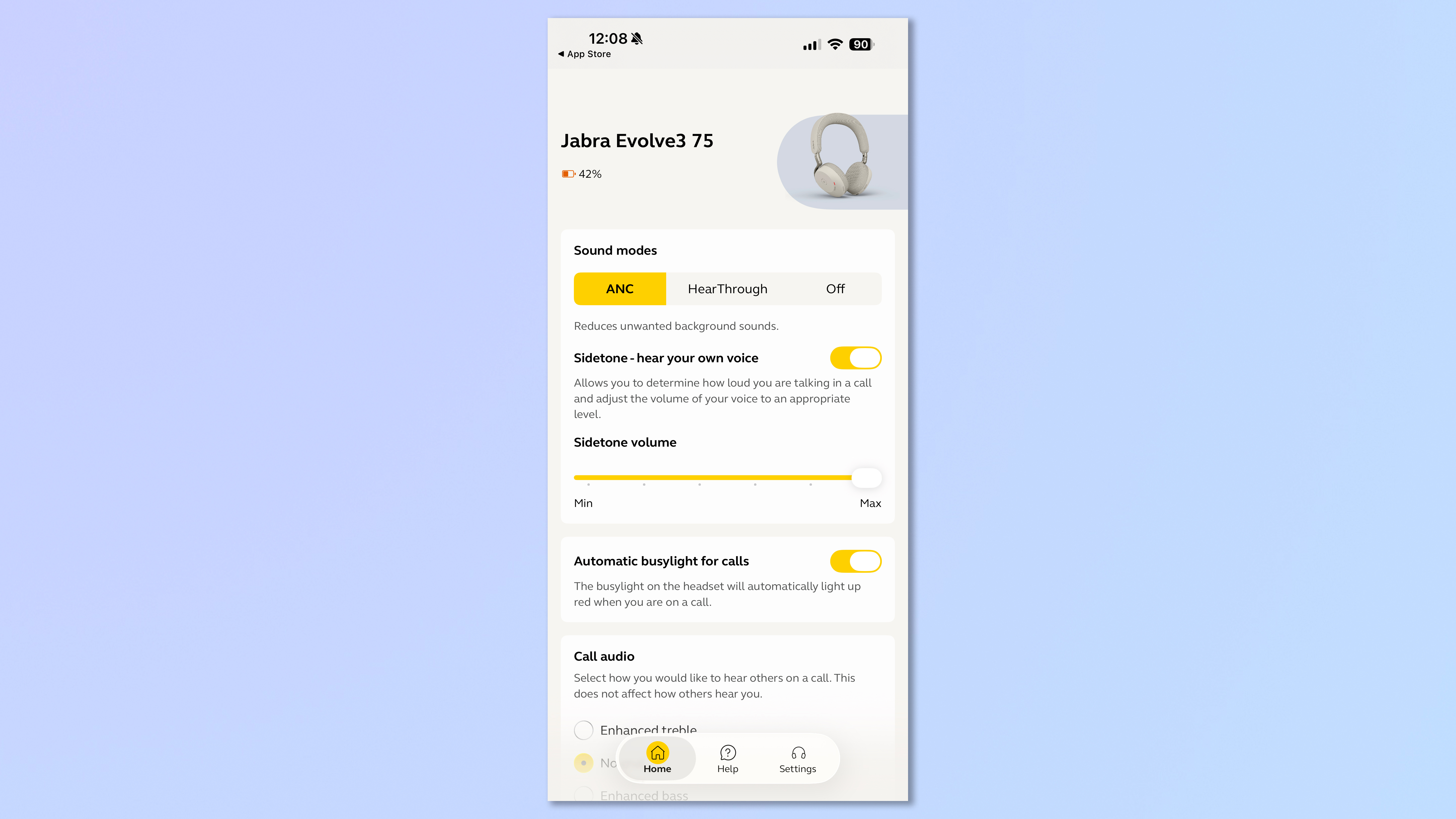 A screenshot showing the Jabra app in use to customze the Jabra Evolve3 75 headset