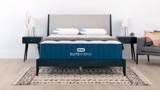 The Bear Elite Hybrid mattress placed on a wooden bedframe in a white bedroom with wooden floors