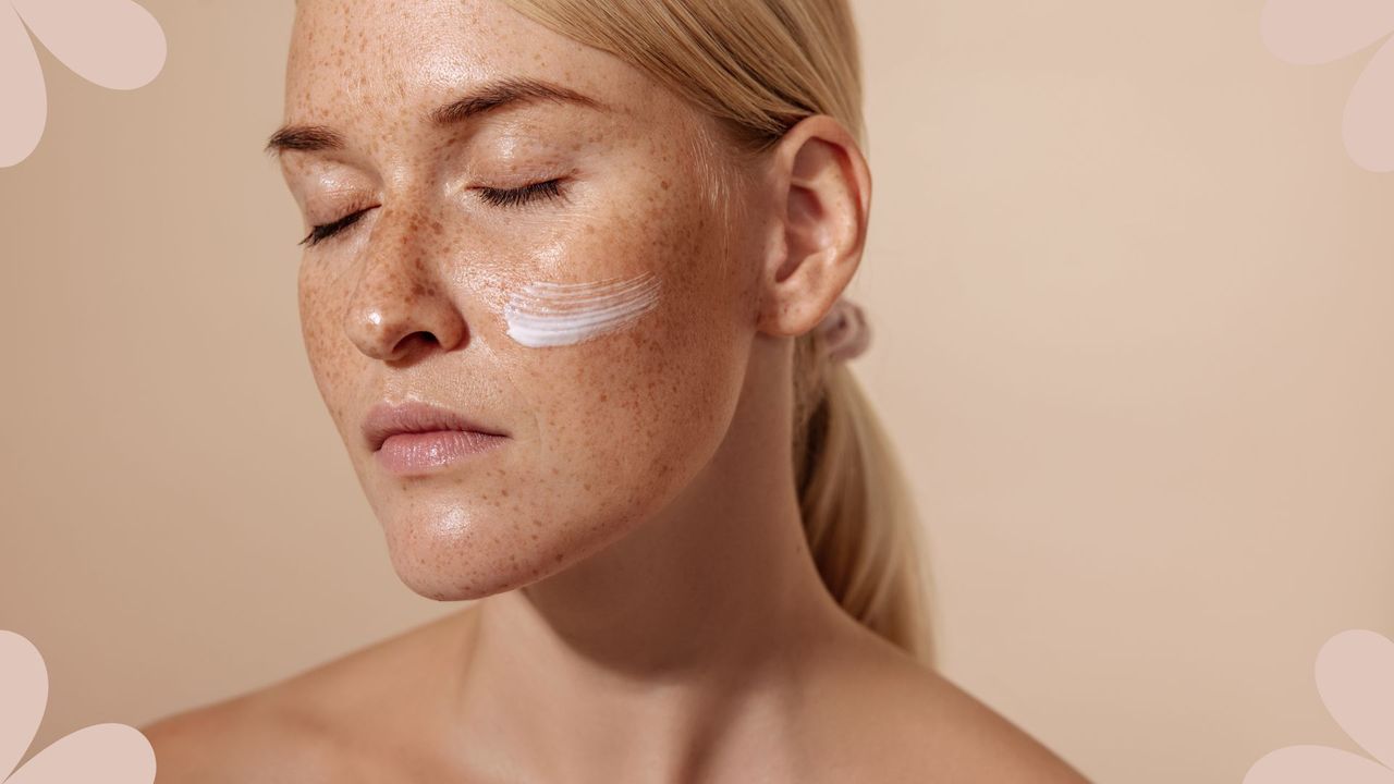 A close-in shot of a woman with thick face cream, to show what is barrier cream