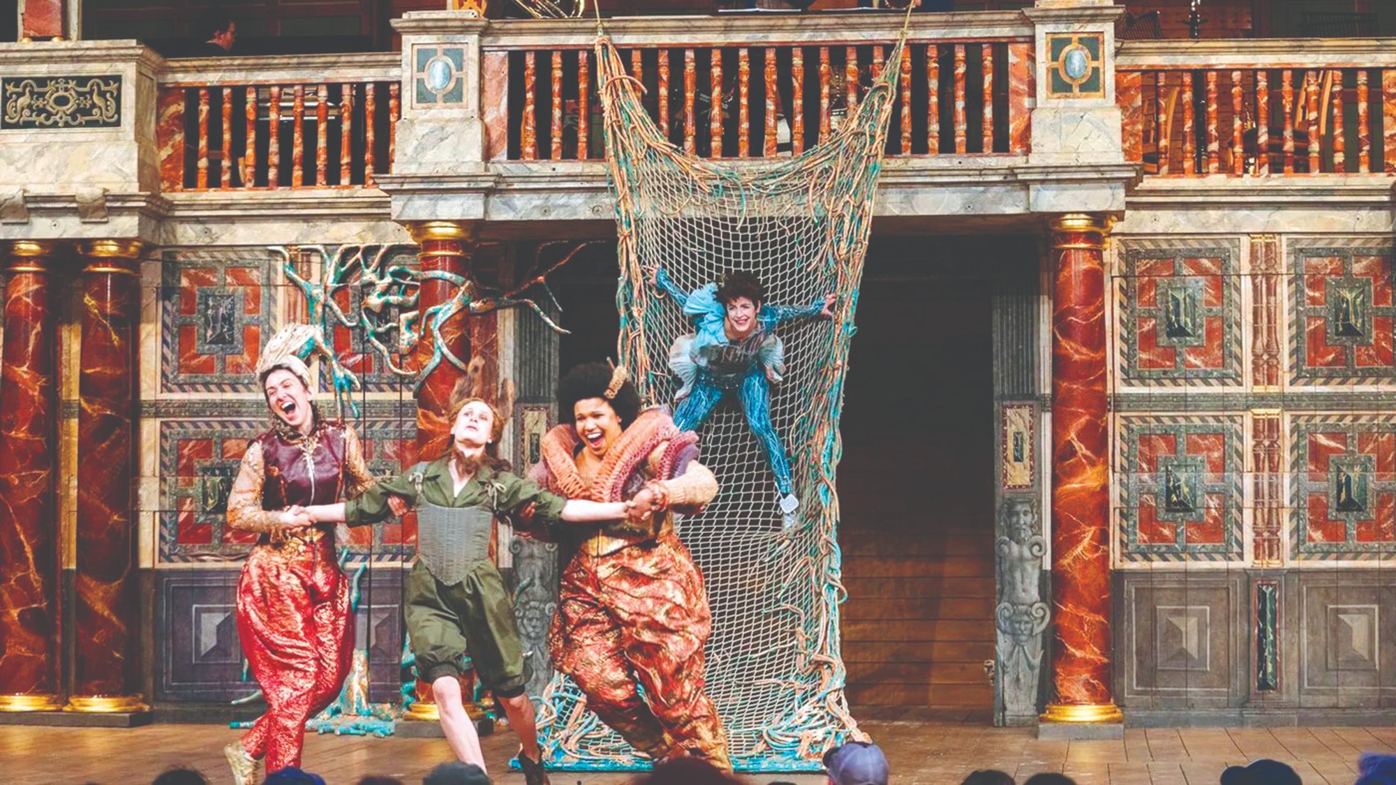 reinterpretation of A Midsummer Night's Dream at The Globe, with elaborately dressed characters