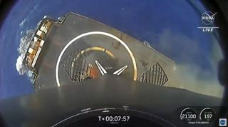 This still image from a SpaceX video shows the view from a new Falcon 9 rocket booster after its successful landing on the drone ship Of Course I Still Love You in the Atlantic Ocean following the CRS-22 Dragon cargo ship launch for NASA on June 3, 2021.
