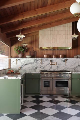 A kitchen with a tiled range hood