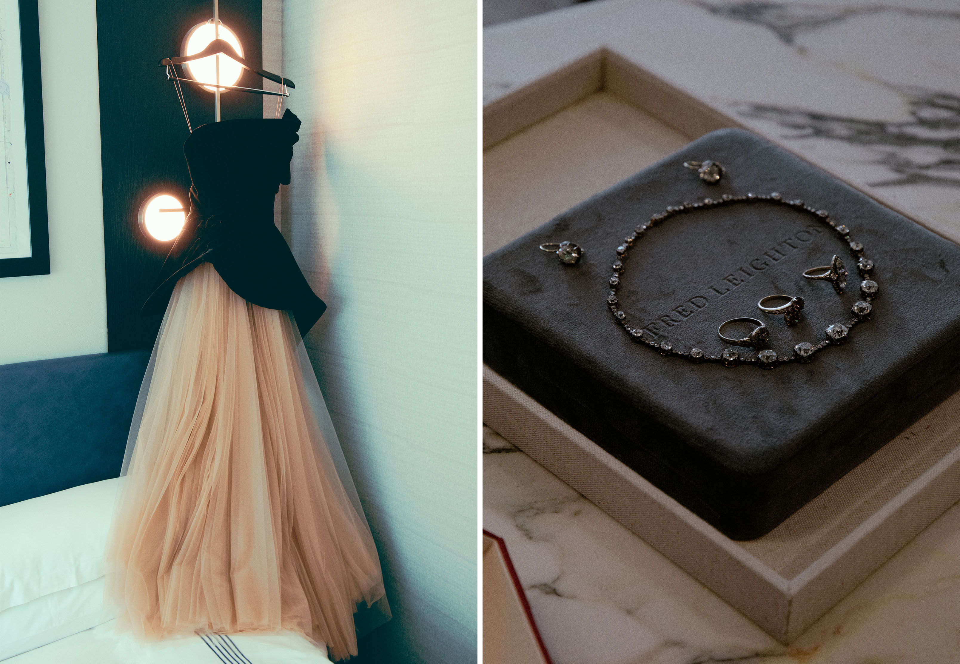 On the left: Whitney Leavitt's 2026 Tony Awards Marchesa gown on a hanger. The dress features a sculptural bodice and blush tulle skirt. On the right: Whitney Leavitt's Fred Leighton jewelry.