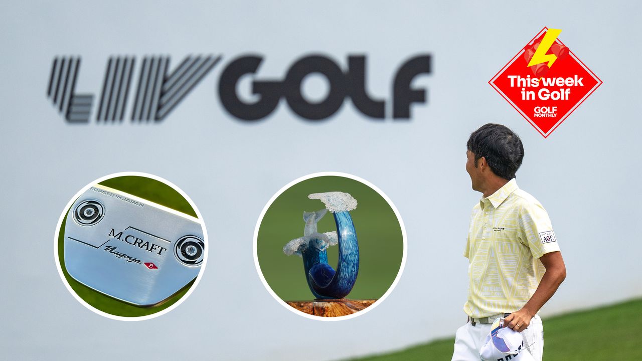 Main image of a player looking back at a LIV Golf sign with inset images of a Mizuno M.Craft Nagoya putter (bottom left) and The Sentry trophy (bottom middle)