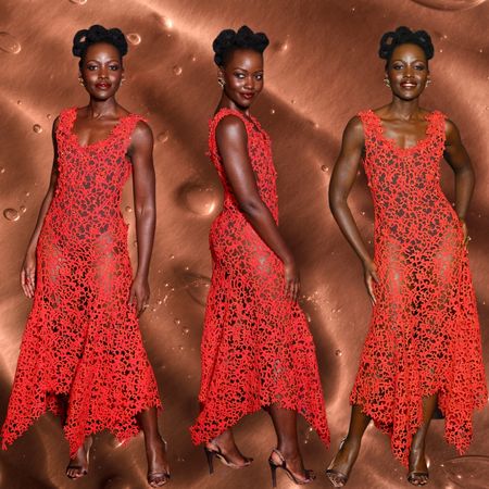 a copper background with a black woman pictured three times in a red dress with glowing skin