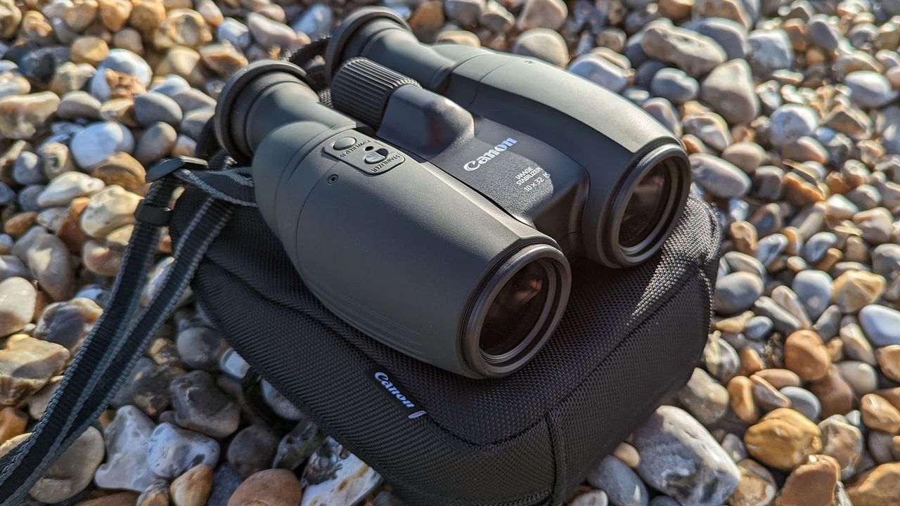 Canon 10x20 IS binoculars on a carry bag on a pebble beach