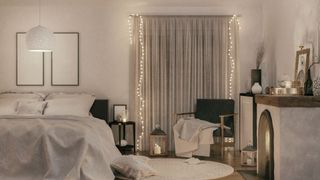 curtains with string lights around them