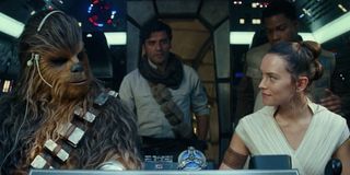 Rey, Chewbacca, Poe Dameron and Finn in the Millennium Falcon