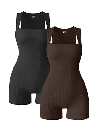 Oqq Women 2 Piece Rompers Yoga Stretch Strappy Square Neck Sleeveless Exercise Rompers Black Darkbrown