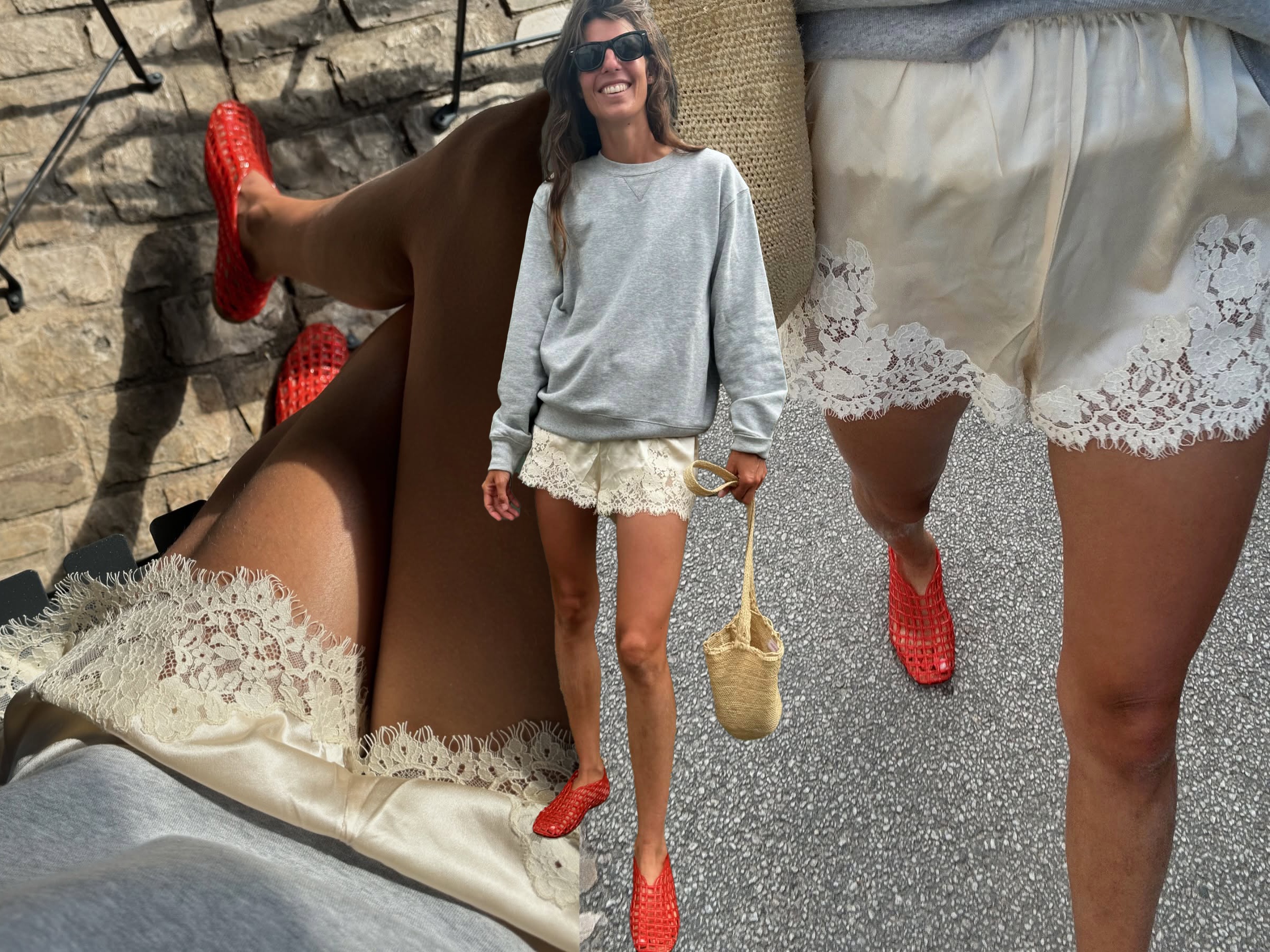 French outfit inspiration from style influencer Laura Vidrequin Roso wearing black Wayfarer sunglasses, a gray sweatshirt, raffia shoulder bag, ivory Doen lace-trimmed silk satin shorts, and The Row red jelly flats.