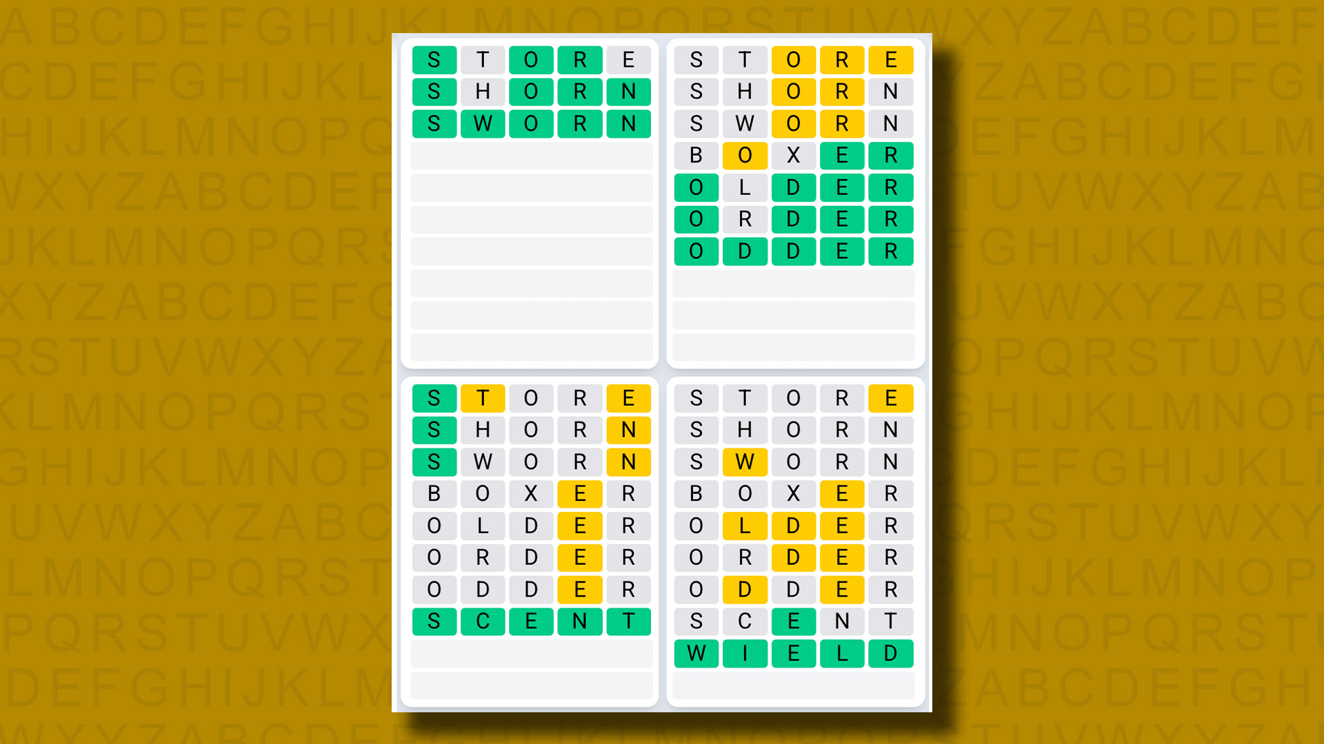 Quordle Daily Sequence answers for game 1297 on a yellow background