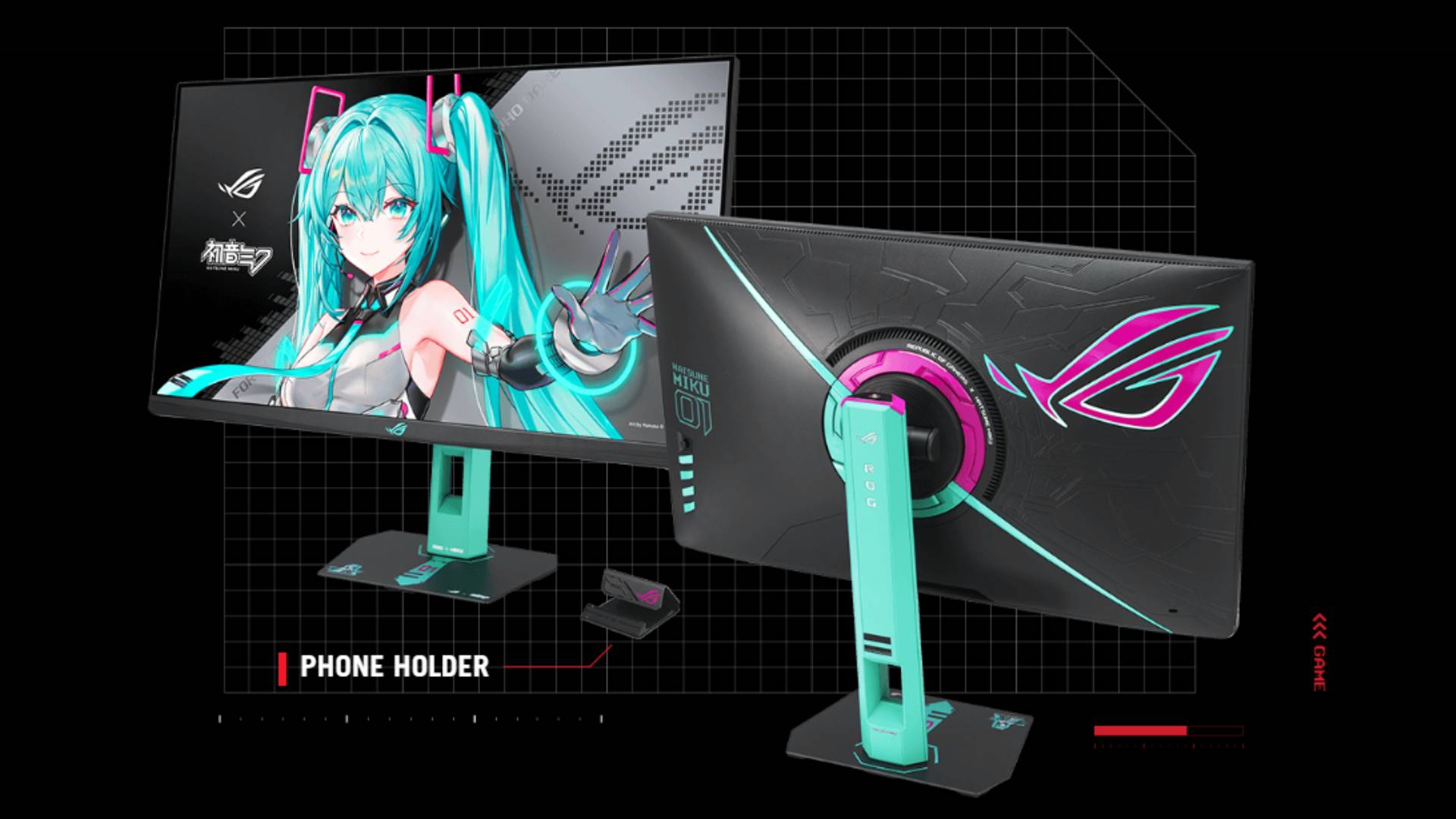 Official promo image of the ROG Strix XG27ACMEG-G Hatsune Miku Edition monitor, with a black background.