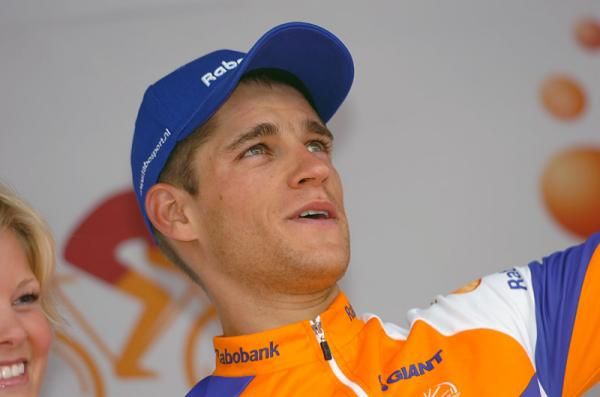 Theo Bos (Rabobank) on the podium after winning stage 3 at the Eneco Tour, the Dutchman's first victory at the WorldTour level.
