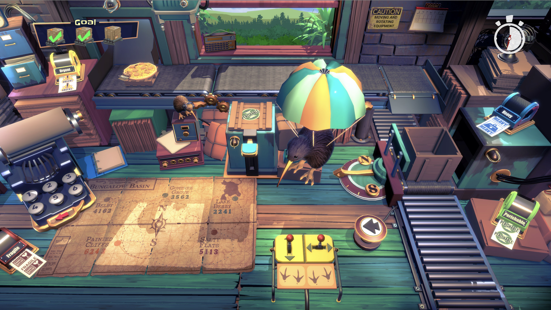 KeyWe screenshot showing a kiwi bird parachuting over a postal room