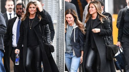 Composite of two pictures of Jennifer Aniston wearing leather trousers with lace-up boots and a long black coat in December 2018 in LA