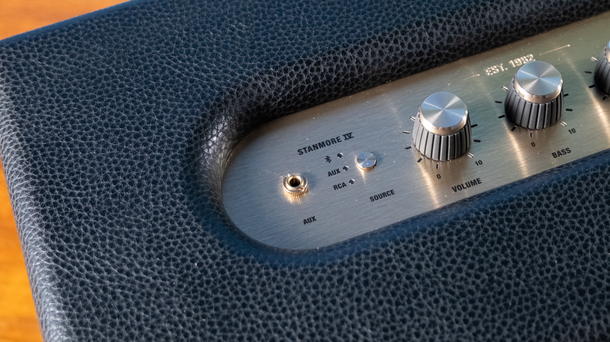A black Marshall Stanmore IV home speaker
